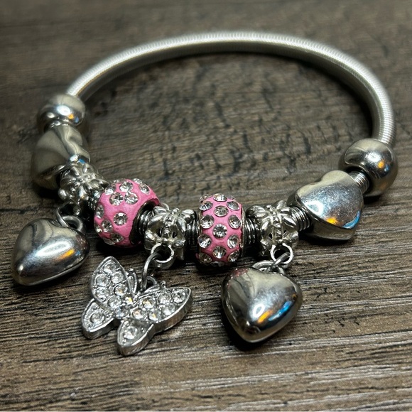 Adorable Silver and Pink Charm Stretch Bracelet - Picture 2 of 3